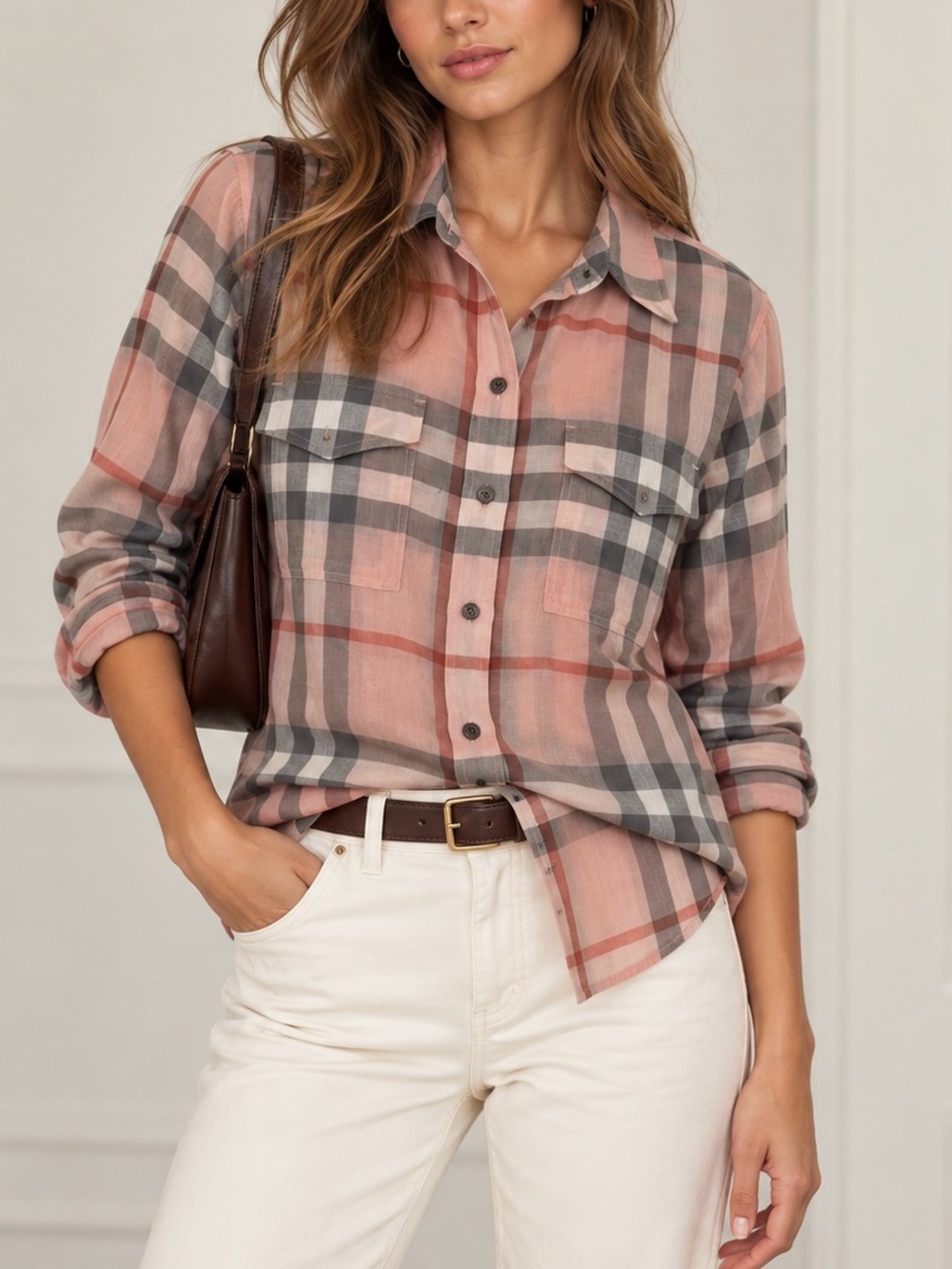 VTG y2k Authentic Burberry light pink checkered button up shirt Sz. XS